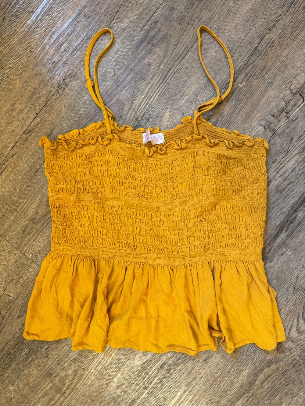 No Boundaries Mustard Yellow Smocked Ruffle-Hem Spaghetti Strap Camisole